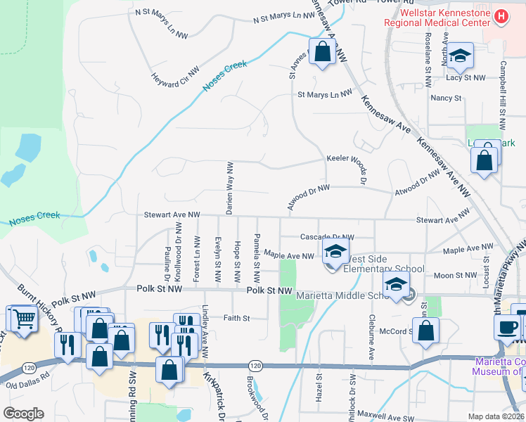 map of restaurants, bars, coffee shops, grocery stores, and more near 490 Stewart Avenue Northwest in Marietta