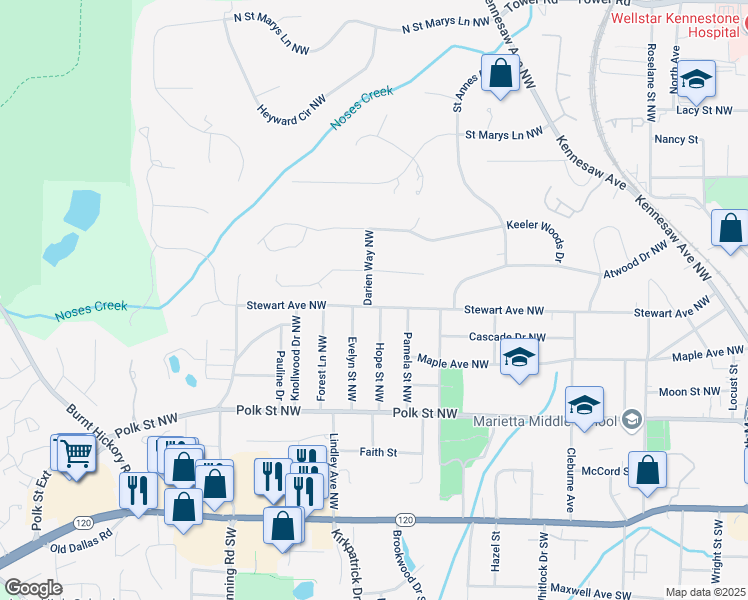 map of restaurants, bars, coffee shops, grocery stores, and more near 550 Stewart Avenue Northwest in Marietta