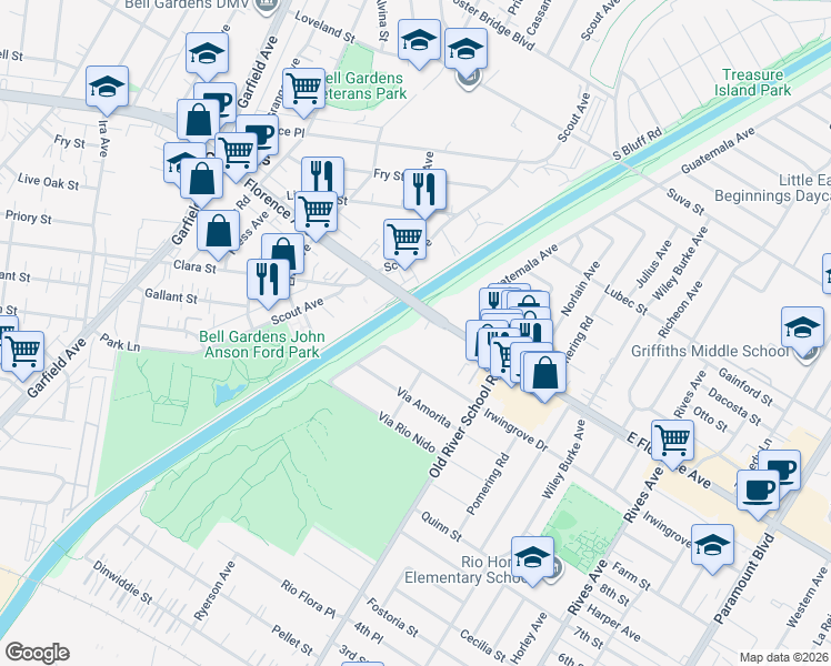 map of restaurants, bars, coffee shops, grocery stores, and more near 7214 Florence Avenue in Downey