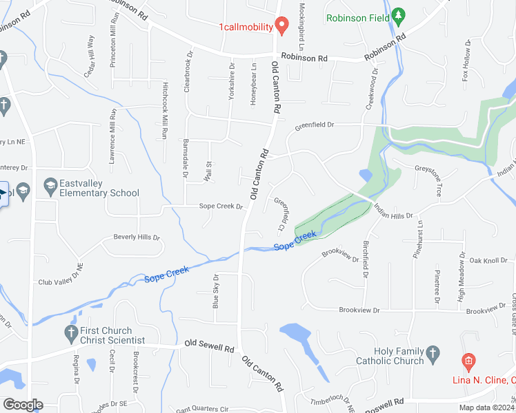 map of restaurants, bars, coffee shops, grocery stores, and more near 3017 Greenfield Drive in Marietta