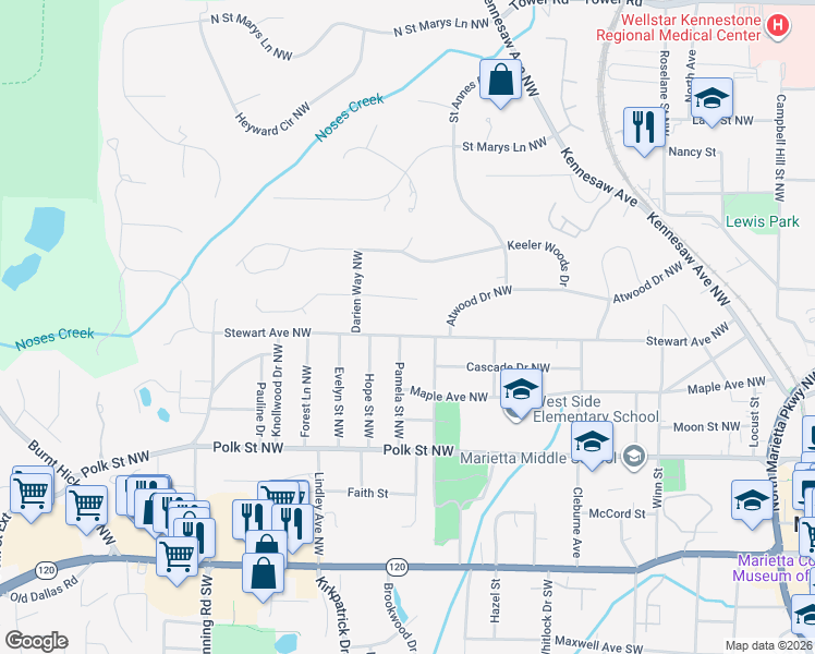 map of restaurants, bars, coffee shops, grocery stores, and more near 490 Stewart Avenue Northwest in Marietta