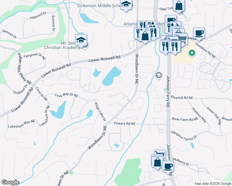 map of restaurants, bars, coffee shops, grocery stores, and more near 4513 Woodhaven Northeast in Marietta