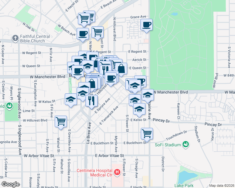 map of restaurants, bars, coffee shops, grocery stores, and more near 434 East Spruce Avenue in Inglewood