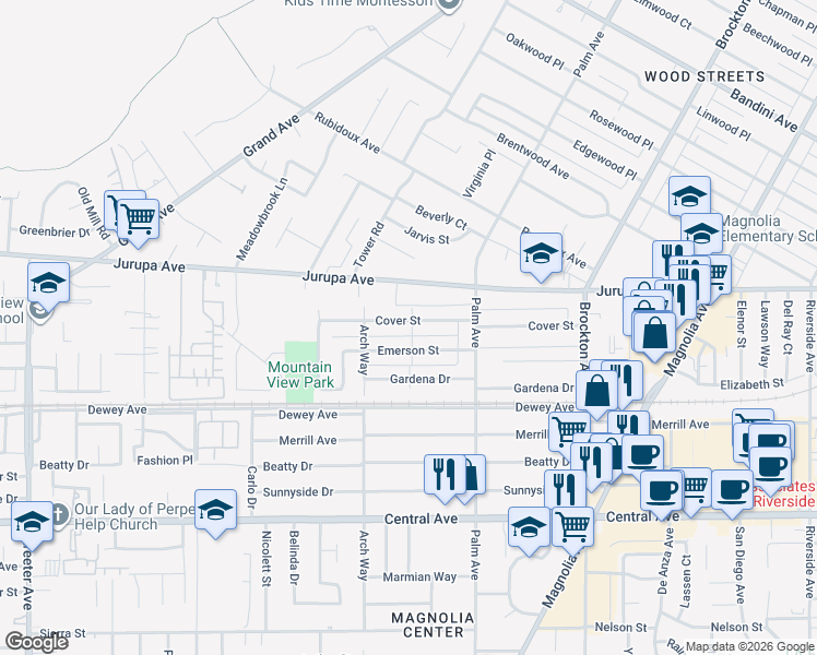map of restaurants, bars, coffee shops, grocery stores, and more near 4620 Cover Street in Riverside