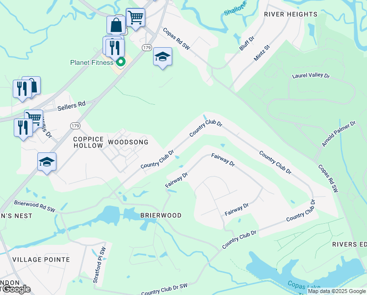 map of restaurants, bars, coffee shops, grocery stores, and more near 13 Country Club Drive in Shallotte