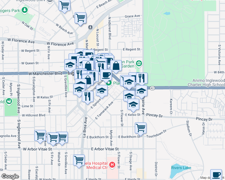 map of restaurants, bars, coffee shops, grocery stores, and more near 430 East Spruce Avenue in Inglewood