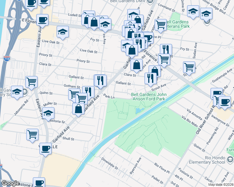 map of restaurants, bars, coffee shops, grocery stores, and more near 6310 Gotham Street in Bell Gardens