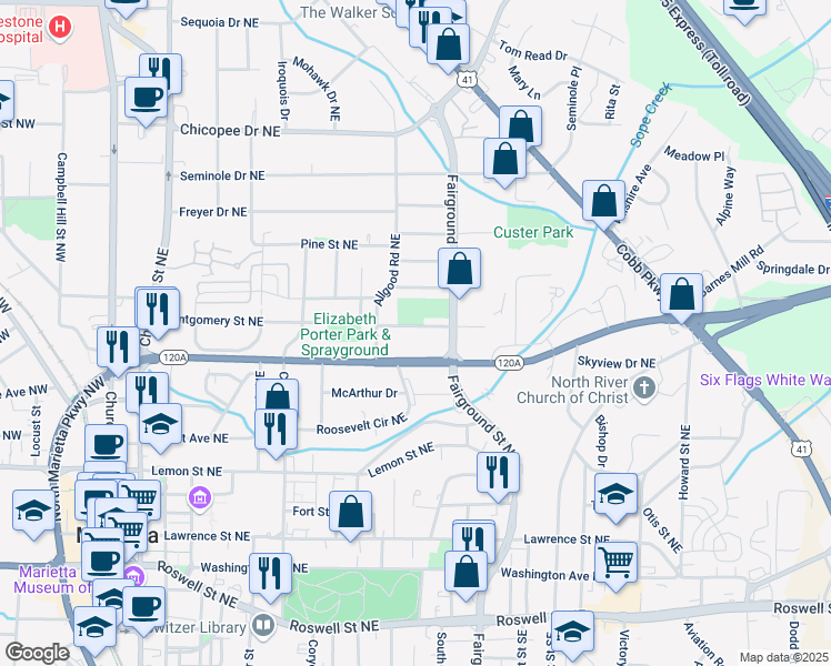 map of restaurants, bars, coffee shops, grocery stores, and more near 466 Birney Street Northeast in Marietta