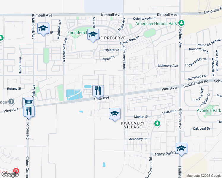 map of restaurants, bars, coffee shops, grocery stores, and more near 16192 Spicebush Lane in Chino
