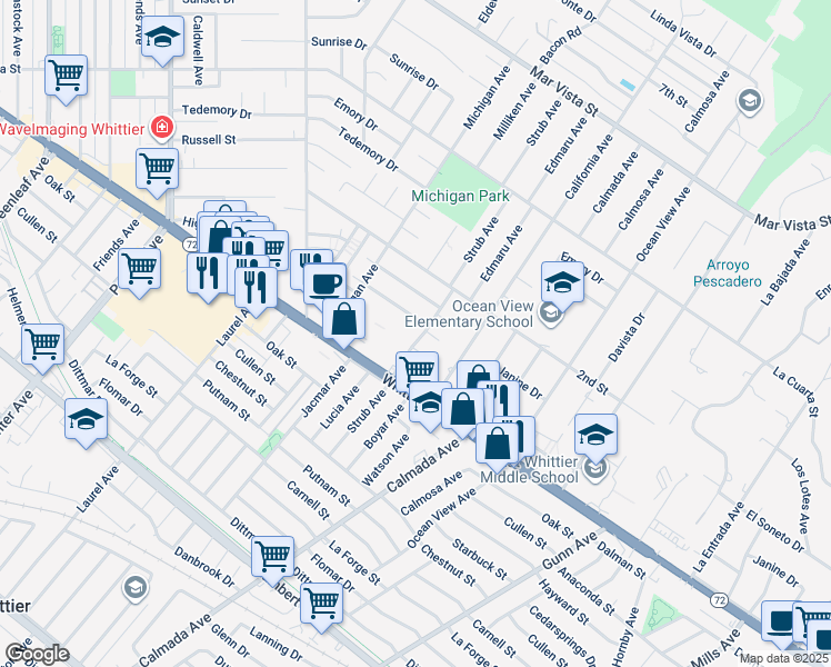 map of restaurants, bars, coffee shops, grocery stores, and more near 8607 Strub Avenue in Whittier