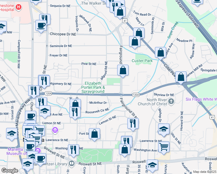 map of restaurants, bars, coffee shops, grocery stores, and more near 454 Birney Street Northeast in Marietta
