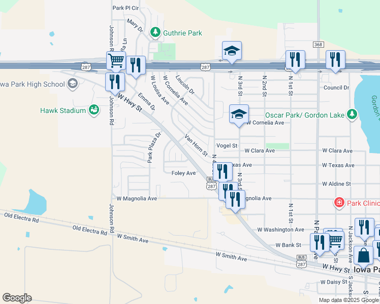 map of restaurants, bars, coffee shops, grocery stores, and more near 915 Van Horn Street in Iowa Park