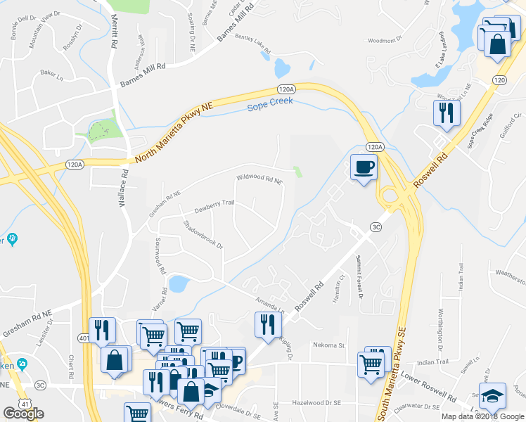 map of restaurants, bars, coffee shops, grocery stores, and more near 1585 Dewberry Trail in Marietta