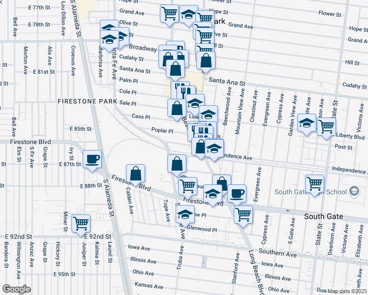 map of restaurants, bars, coffee shops, grocery stores, and more near 2654 Independence Avenue in Huntington Park