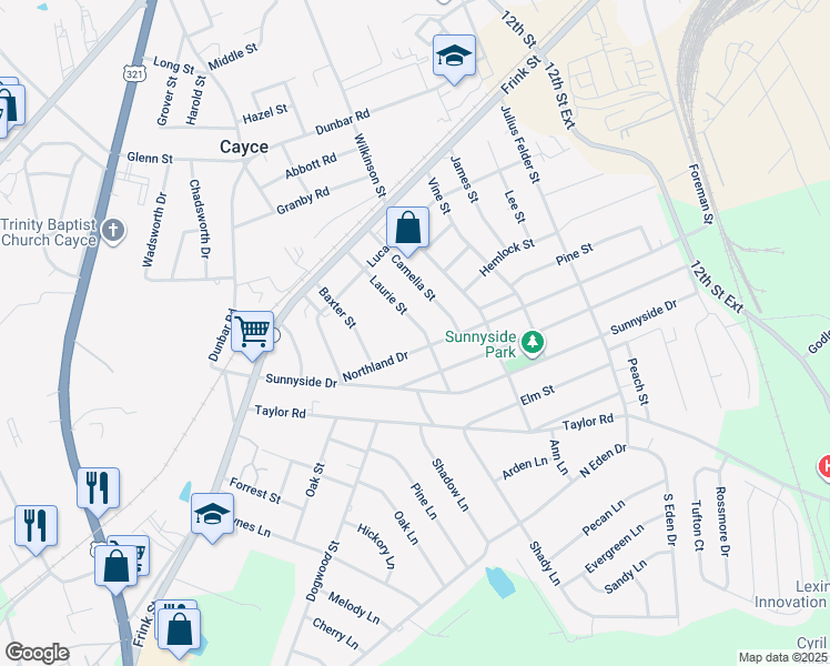 map of restaurants, bars, coffee shops, grocery stores, and more near 2344 Laurie Street in Cayce