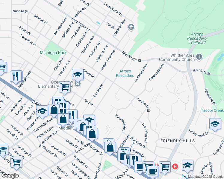 map of restaurants, bars, coffee shops, grocery stores, and more near 8405 La Vela Avenue in Whittier