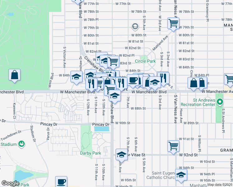 map of restaurants, bars, coffee shops, grocery stores, and more near in Inglewood