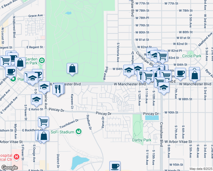 map of restaurants, bars, coffee shops, grocery stores, and more near 3569 West Manchester Boulevard in Inglewood