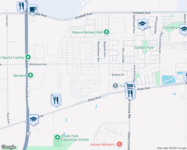 map of restaurants, bars, coffee shops, grocery stores, and more near 7792 Botany Street in Chino