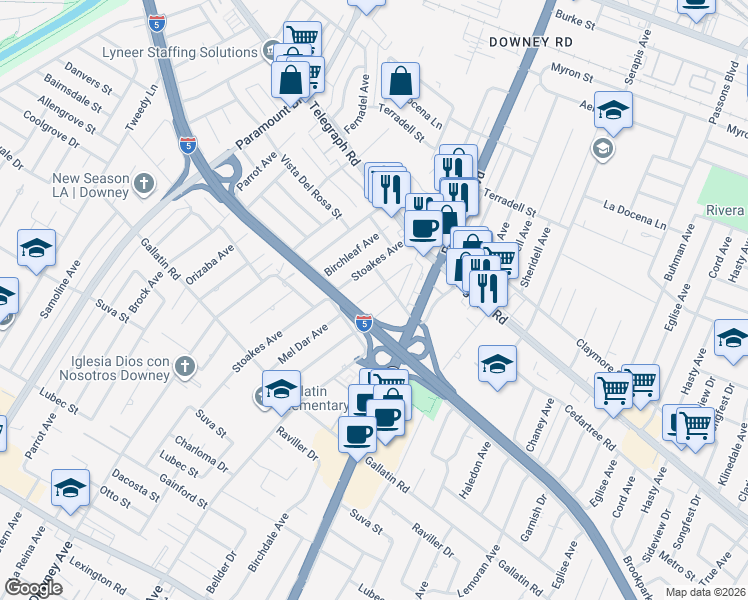 map of restaurants, bars, coffee shops, grocery stores, and more near 9022 Mel Dar Ave in Downey