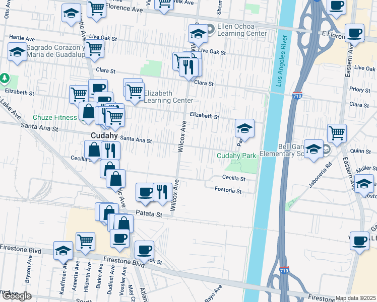 map of restaurants, bars, coffee shops, grocery stores, and more near 5016 Santa Ana Street in Bell Gardens