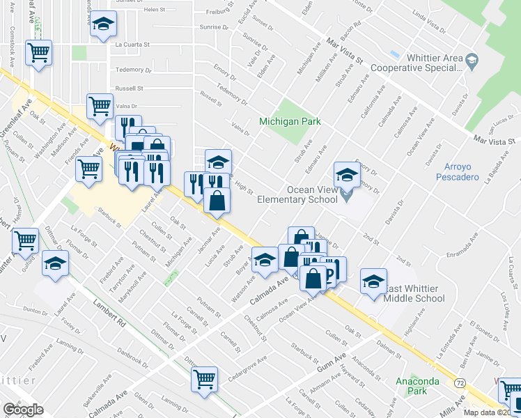 map of restaurants, bars, coffee shops, grocery stores, and more near 8607 Strub Avenue in Whittier