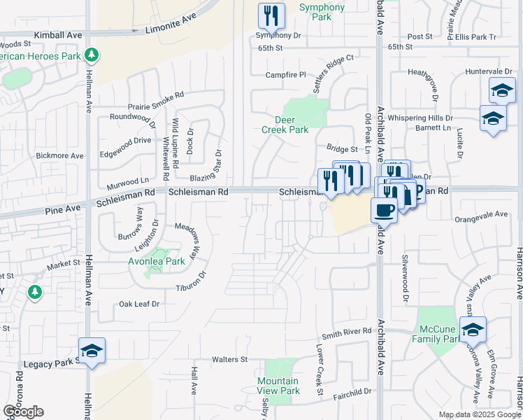 map of restaurants, bars, coffee shops, grocery stores, and more near 14525 Verona Place in Eastvale
