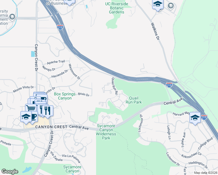 map of restaurants, bars, coffee shops, grocery stores, and more near 5059 Quail Run Road in Riverside