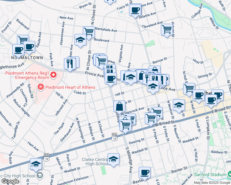 map of restaurants, bars, coffee shops, grocery stores, and more near 470 Hill Street in Athens