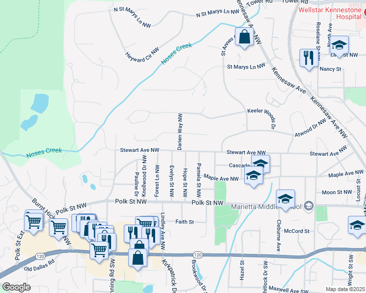 map of restaurants, bars, coffee shops, grocery stores, and more near 550 Stewart Avenue Northwest in Marietta