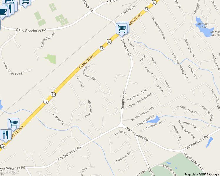map of restaurants, bars, coffee shops, grocery stores, and more near 2865 Pinehigh Court Northwest in Duluth