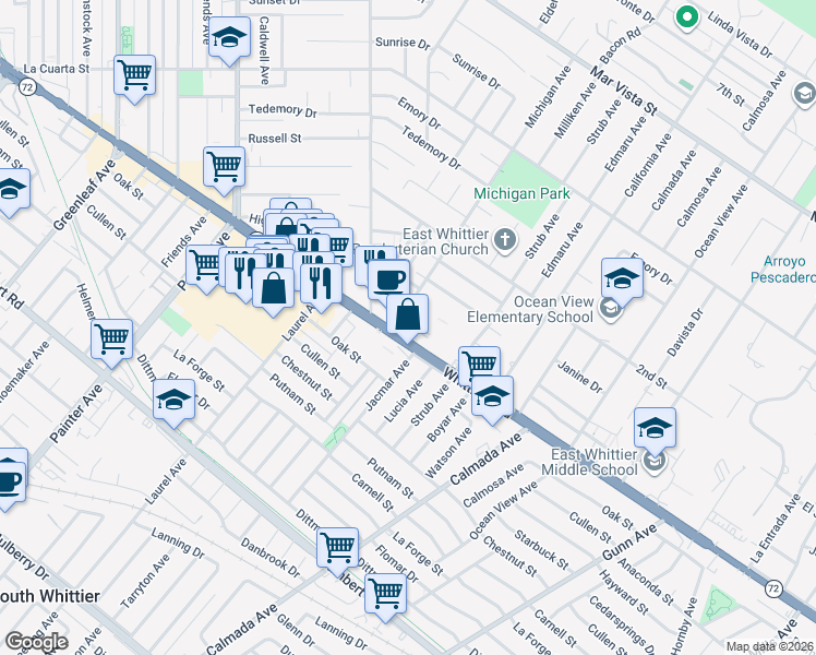 map of restaurants, bars, coffee shops, grocery stores, and more near 13839 Whittier Boulevard in Whittier