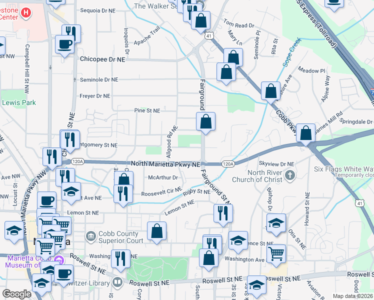 map of restaurants, bars, coffee shops, grocery stores, and more near 462 Birney Street Northeast in Marietta