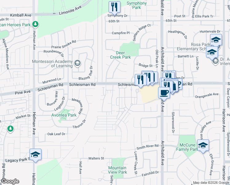 map of restaurants, bars, coffee shops, grocery stores, and more near 7017 Montecito Lane in Corona