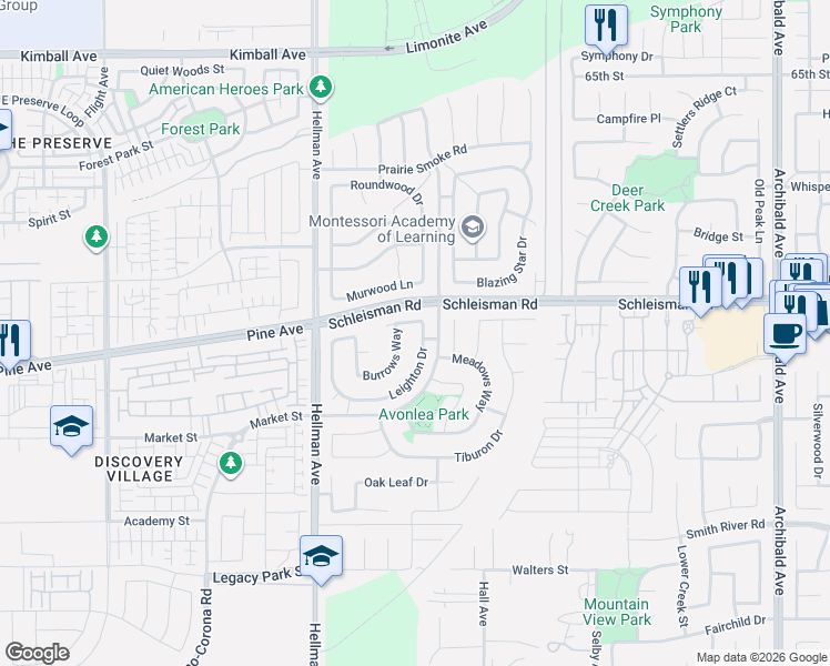 map of restaurants, bars, coffee shops, grocery stores, and more near 14805 Burrows Way in Corona