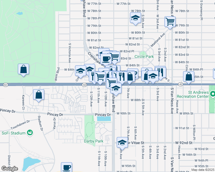 map of restaurants, bars, coffee shops, grocery stores, and more near 3130 West Manchester Boulevard in Inglewood