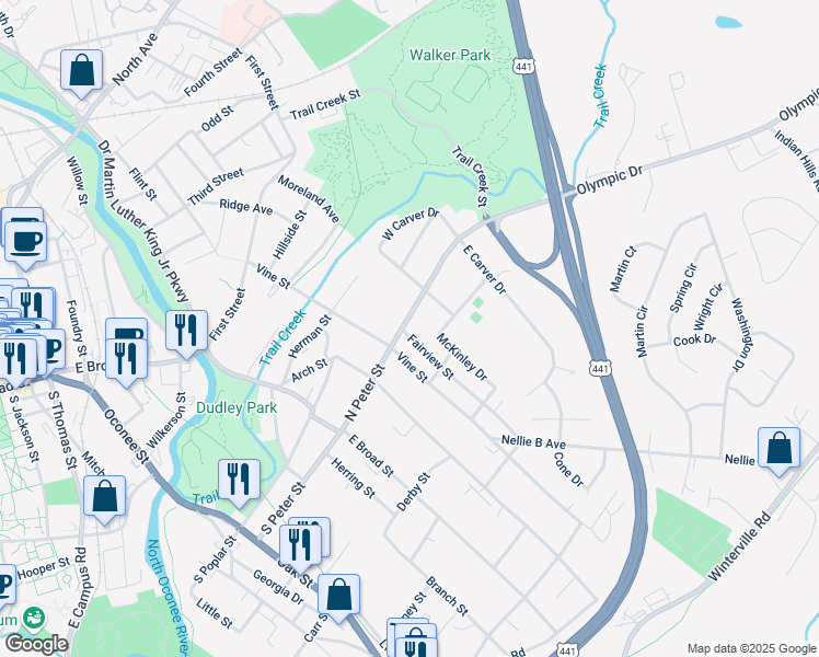 map of restaurants, bars, coffee shops, grocery stores, and more near 420 North Peter Street in Athens