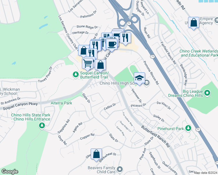 map of restaurants, bars, coffee shops, grocery stores, and more near 16140 Sereno Lane in Chino Hills