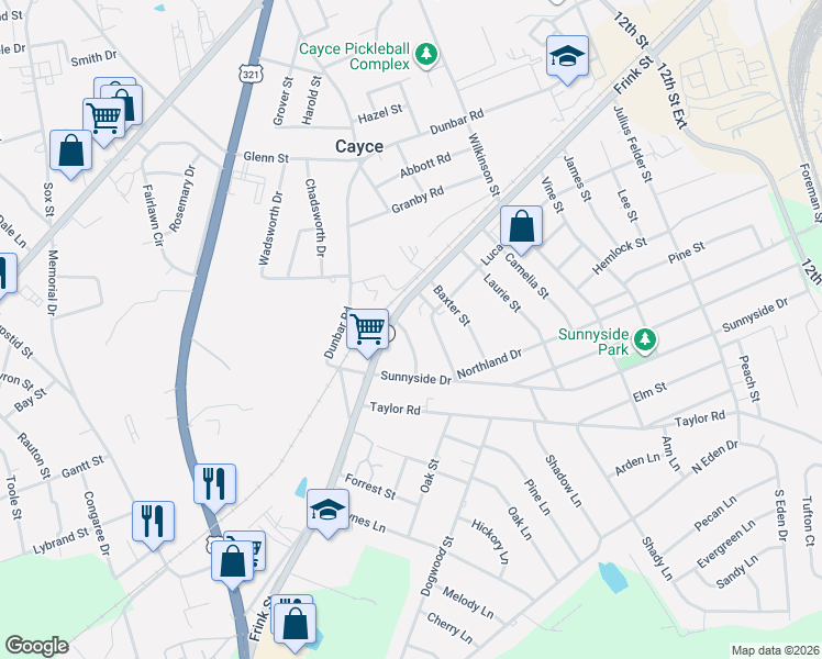 map of restaurants, bars, coffee shops, grocery stores, and more near 2309 Westview Drive in Cayce