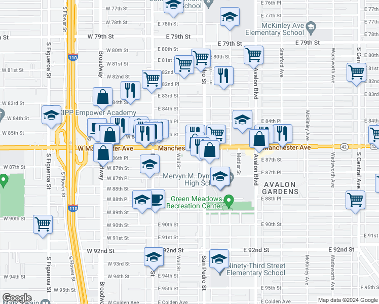 map of restaurants, bars, coffee shops, grocery stores, and more near 222 East Manchester Avenue in Los Angeles