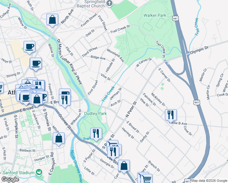 map of restaurants, bars, coffee shops, grocery stores, and more near 175 Herman Street in Athens