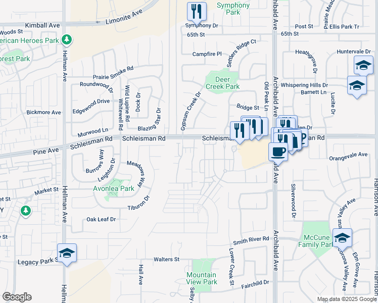 map of restaurants, bars, coffee shops, grocery stores, and more near 14525 Verona Place in Eastvale