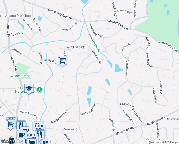 map of restaurants, bars, coffee shops, grocery stores, and more near 1523 Summerset Drive in Dunwoody