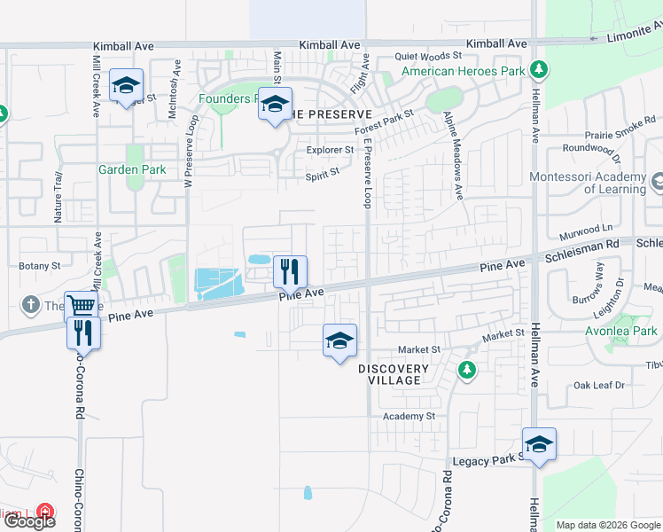map of restaurants, bars, coffee shops, grocery stores, and more near 16192 Spicebush Lane in Chino