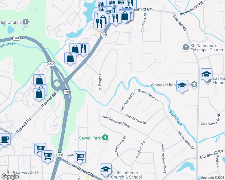 map of restaurants, bars, coffee shops, grocery stores, and more near 427 Guilford Circle in Marietta
