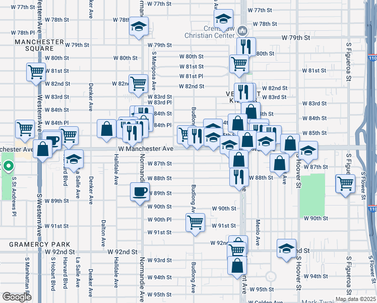 map of restaurants, bars, coffee shops, grocery stores, and more near 1210 West Manchester Avenue in Los Angeles