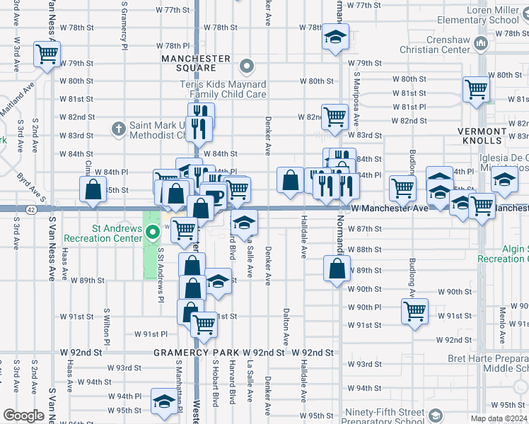 map of restaurants, bars, coffee shops, grocery stores, and more near 1606 W Manchester Ave in Los Angeles