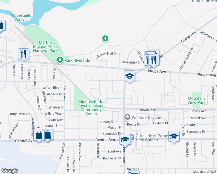 map of restaurants, bars, coffee shops, grocery stores, and more near 6164 Goldenrod Lane in Riverside