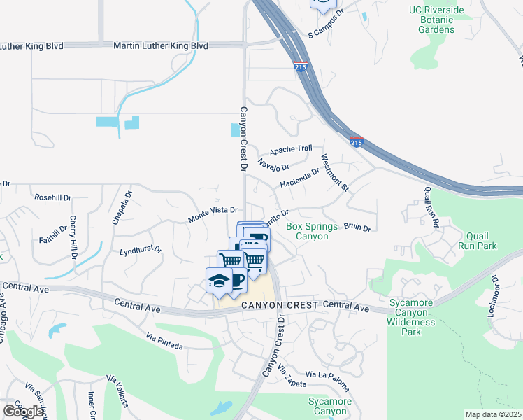 map of restaurants, bars, coffee shops, grocery stores, and more near 38 Crest Park Circle in Riverside