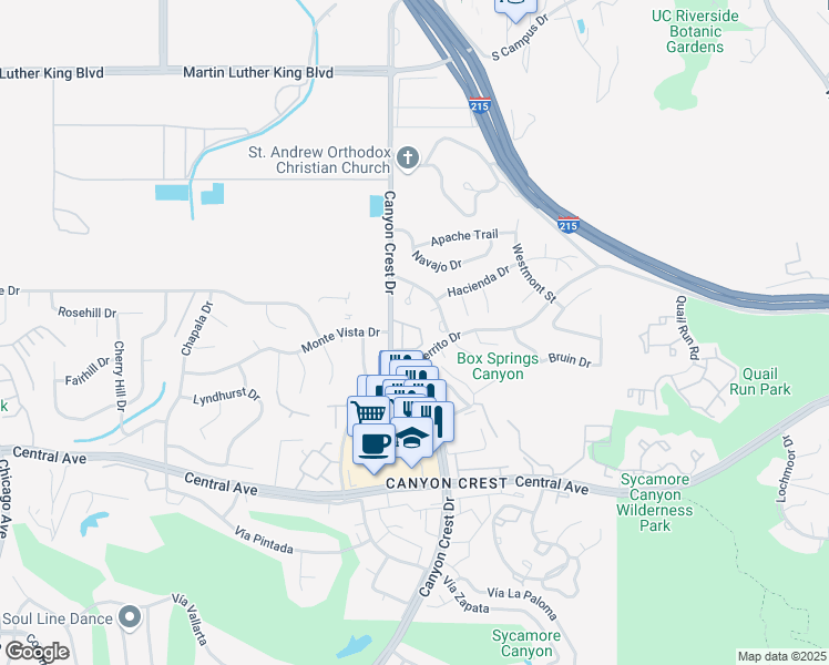 map of restaurants, bars, coffee shops, grocery stores, and more near 5050 Canyon Crest Drive in Riverside